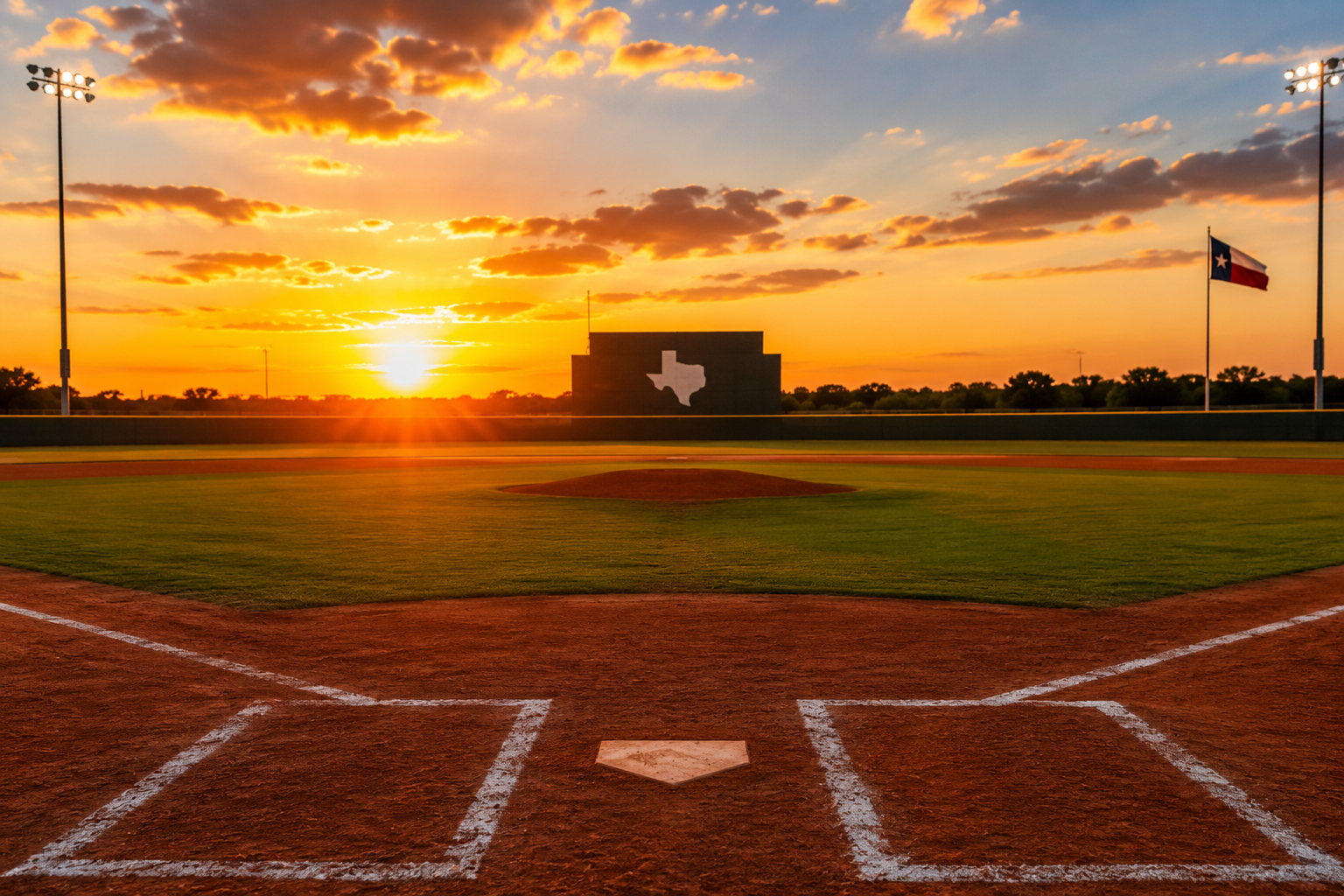 Sunset view of Texas baseball field at Train Station Baseball Academy in Argyle TX — home plate perspective with Texas flag and stadium lights